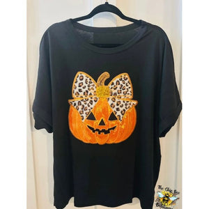 Pumpkin with Leopard Bow Patch Oversized Tee