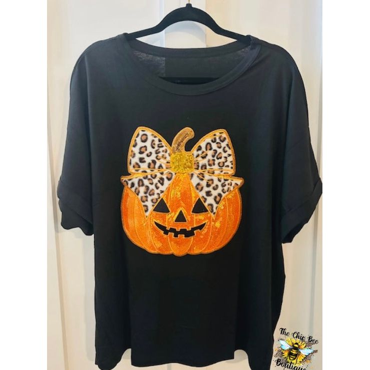 Pumpkin with Leopard Bow Patch Oversized Tee