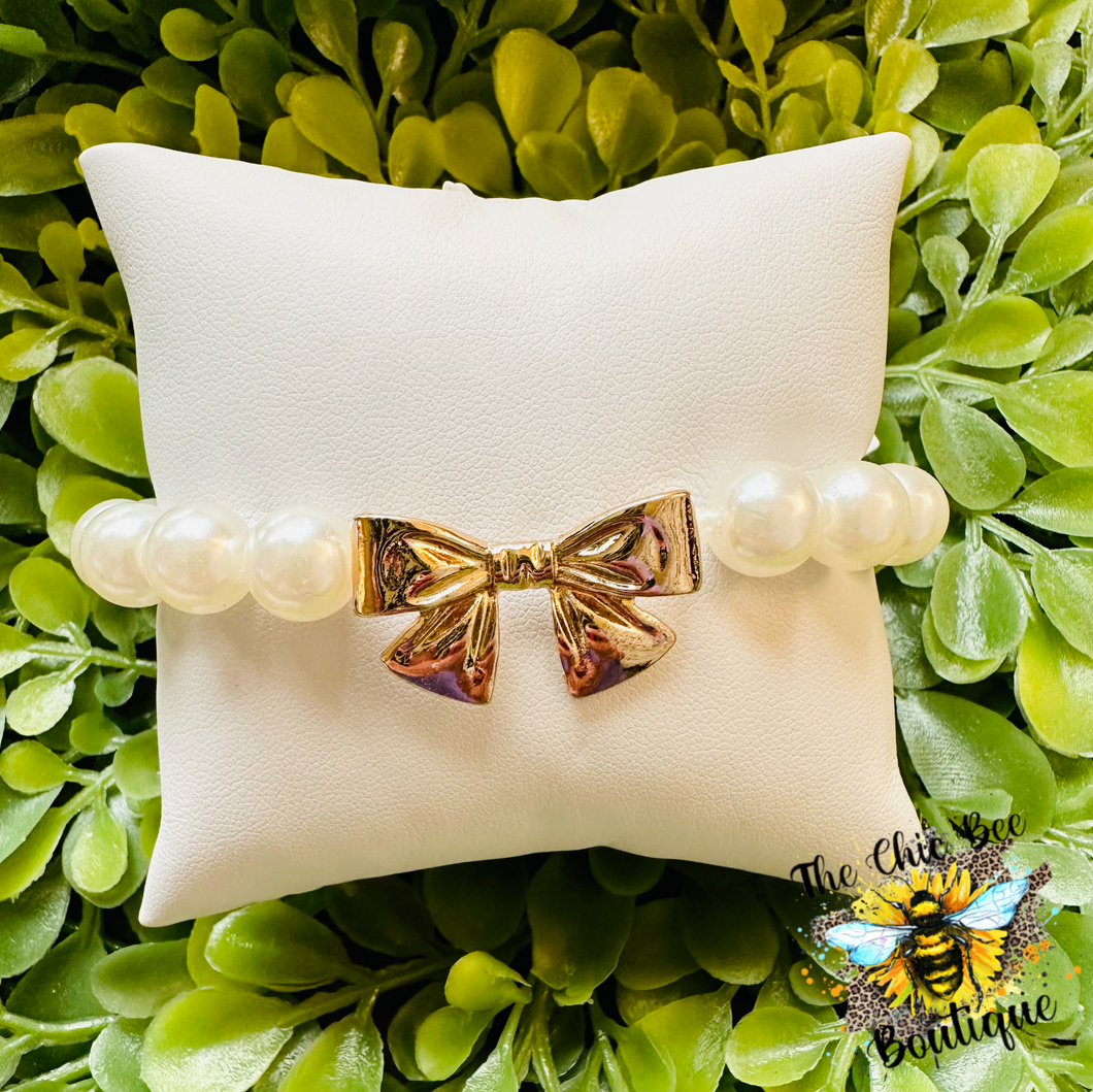 Pearl Beaded Stretch Bracelet With Gold  Bow